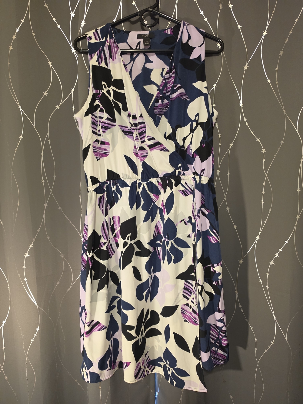 Alfani Sleeveless Floral Wrap Midi Dress in Navy, Lilac and White